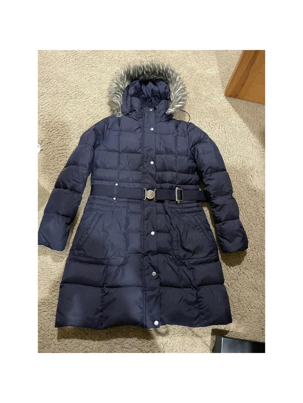 Women's DKNY Navy blue hooded down jacket parka coat M MEDIUM